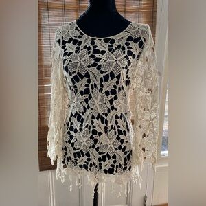 Cream colored boho Cottagecore beachy fringe layering Crochet Top vacation vibes